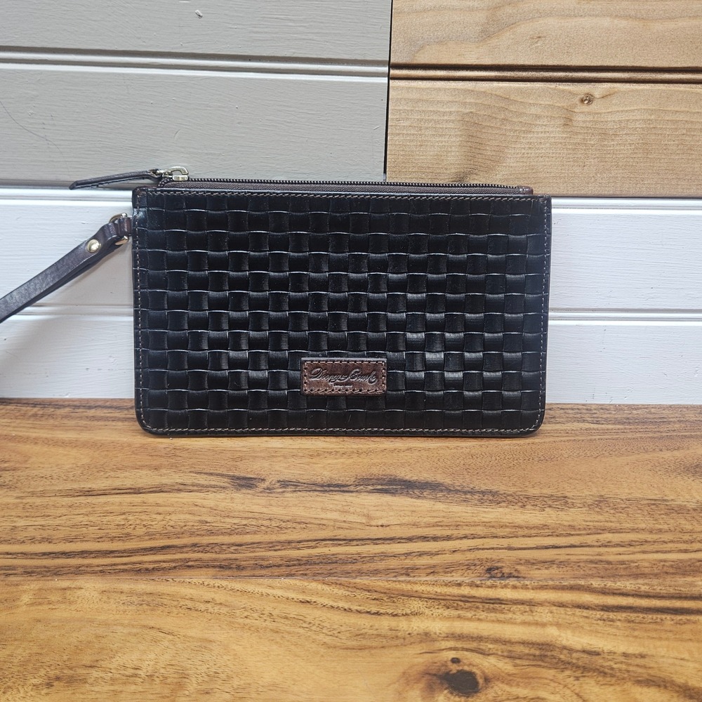 Dooney & Bourke Woven Leather Wristlet Clutch Bag Dark Brown Black Red Lining